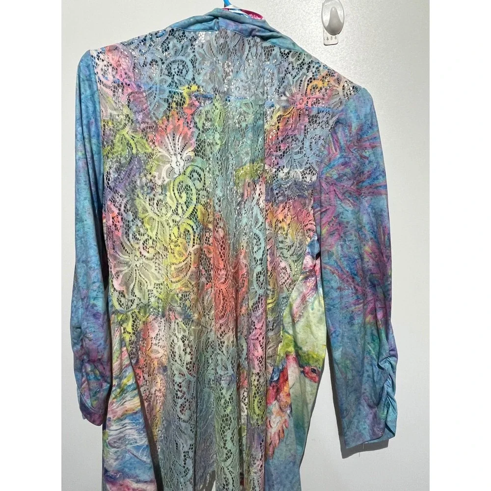 Romance Lovegrl Hummingbird Floral Lace‎ Back Open Front Cardigan Multi Color L
